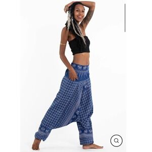 Harem Pants Hill Tribe Elephant Blue Boho Yoga Smocked Waist One Size OS Blue